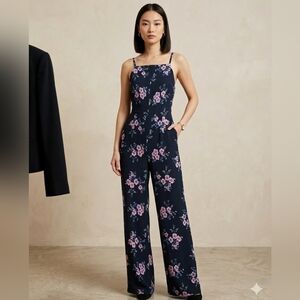 LEPUNUO Women's Navy Blue Pink Floral Print Wide Leg Jumpsuit with Pockets